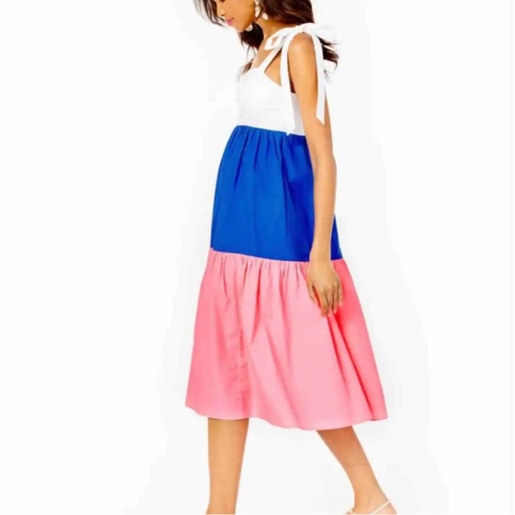 🌻NEW Lilly Pulitzer Anlee Colorblock Tiered Cotton Midi Dress - Picture 4 of 8
